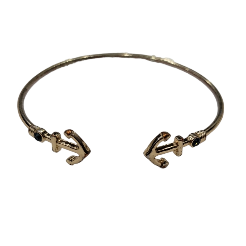 Gold Tone Anchor Open Flex Cuff Bracelet With Blue Rhinestone